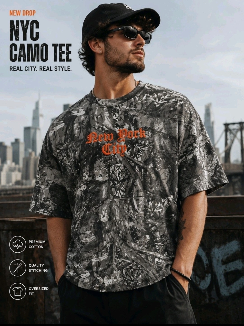 NYC Camo Tee - Black Gray Oversized Men's T-Shirt 0012